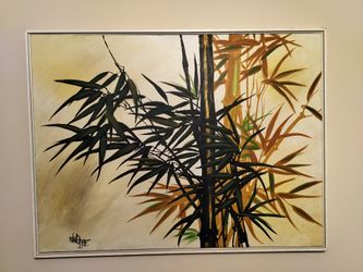 Vintage Mid Century Oil On Canvas, Wing Lee Original Bamboo Landscape. See Details