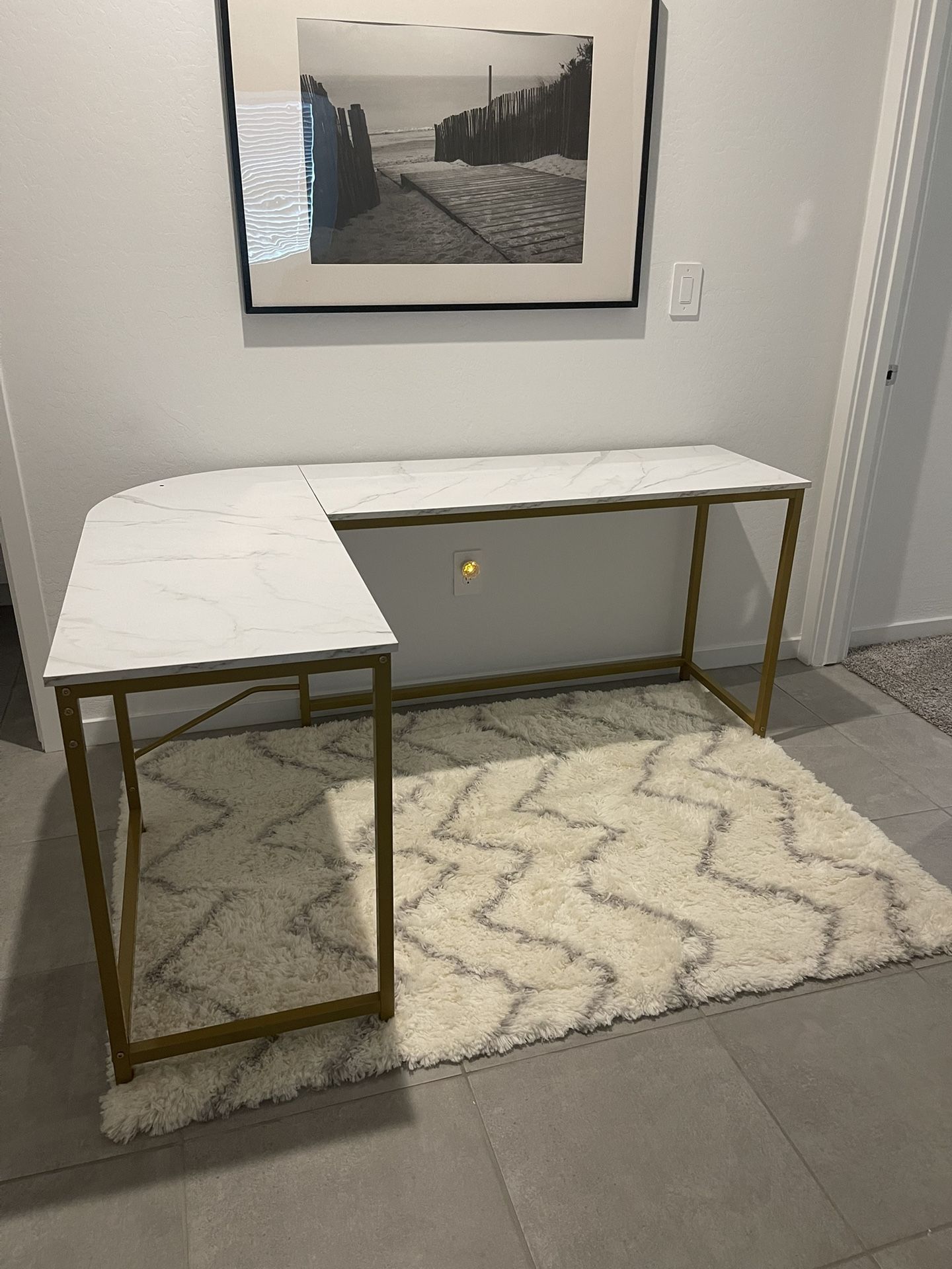 Teraves Reversible L Shaped Desk White - 66.1" Corner Gaming Computer Desk, Office Workstation Modern Home Study Writing Table, Marble Gold