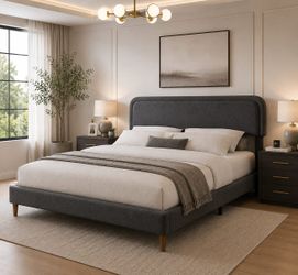 King bed Boucle Upholstered Platform Bed Frame with Adjustable Headboard, Soft Cloud Bed, No Box Spring Needed, Easy Assembly, Noise Free, Dark Grey