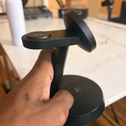 Wireless charging stand for smartphones. Magnetic phone charger + wireless base charger. Works with iPhone (MagSafe compatible) and other wireless-cha