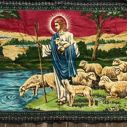 Religious tapestry, Jesus, Shepherd, Flock of Sheep. Vintage spiritual textile