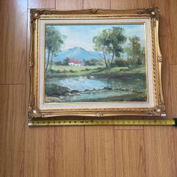Original oil painting, likely a mid-century decorative landscape.