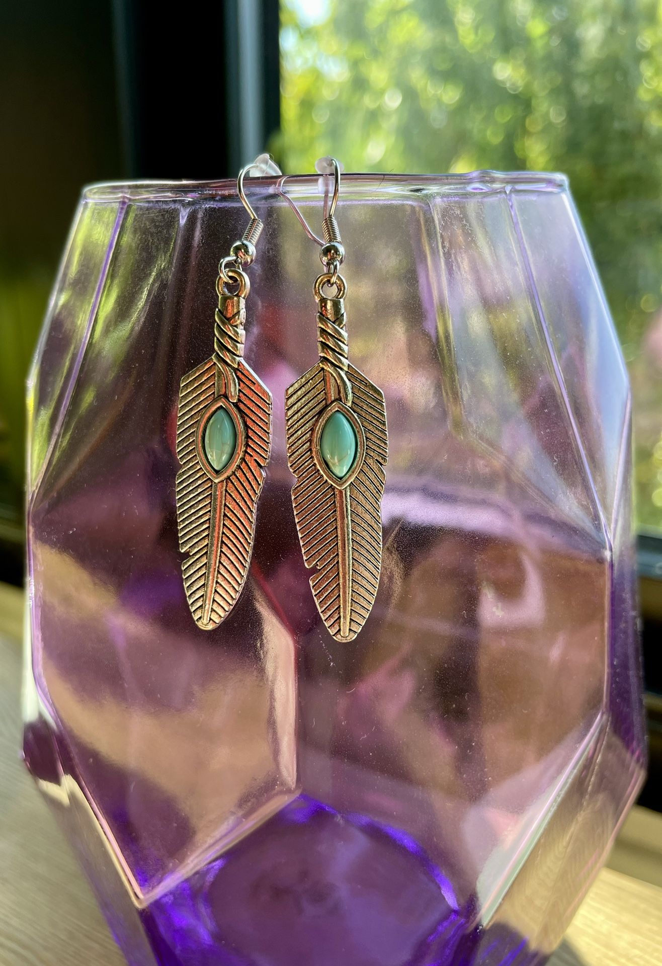 Feather Native Inspired Metal Earrings With Turquoise Stone