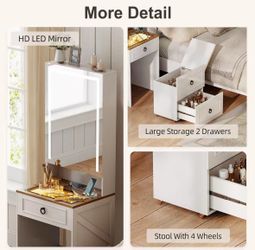 Makeup Vanity Desk with Mirror and Lights,Small Vanity Desk Set with Charging Station & Glass Top,Compact Dressing Table with Jewelry Cabinet & Storag