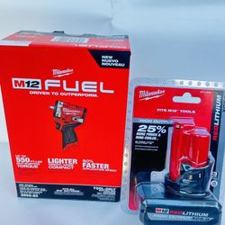 Milwaukee, M12 FUEL 12V Lithium-Ion Brushless Cordless Stubby 3/8 in. Impact Wrench, Plus 1-m12 RedLithium HighOutput XC5.0