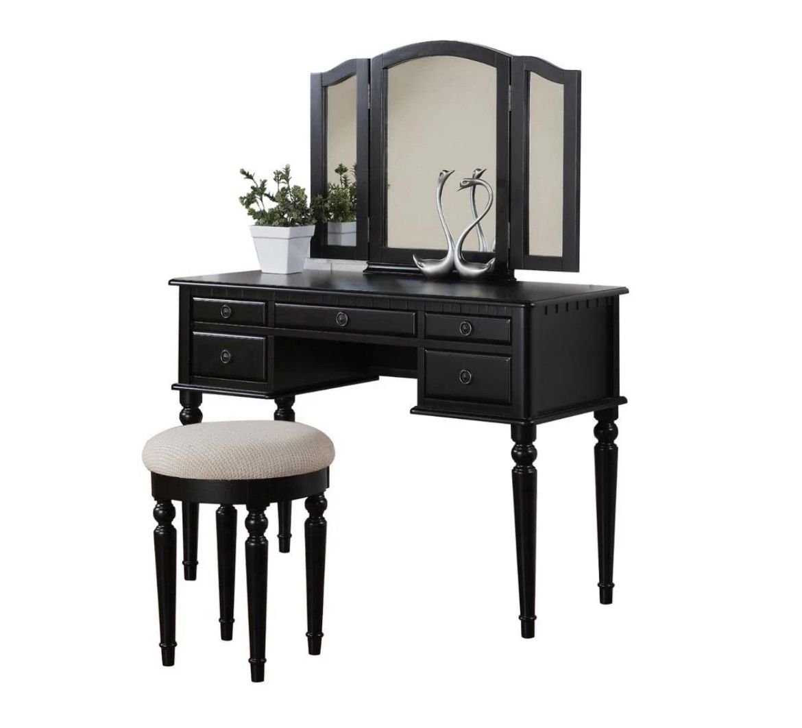 3-Piece Black Makeup Vanity Set Featuring Stool and Mirror $200 TODAY Pickup Only!