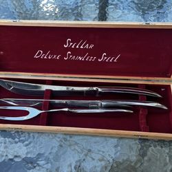 Vintage stellar Stainless Steel 3pc CARVING SET original wood box