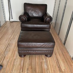 Brown Leather Arm Chair And Ottoman 