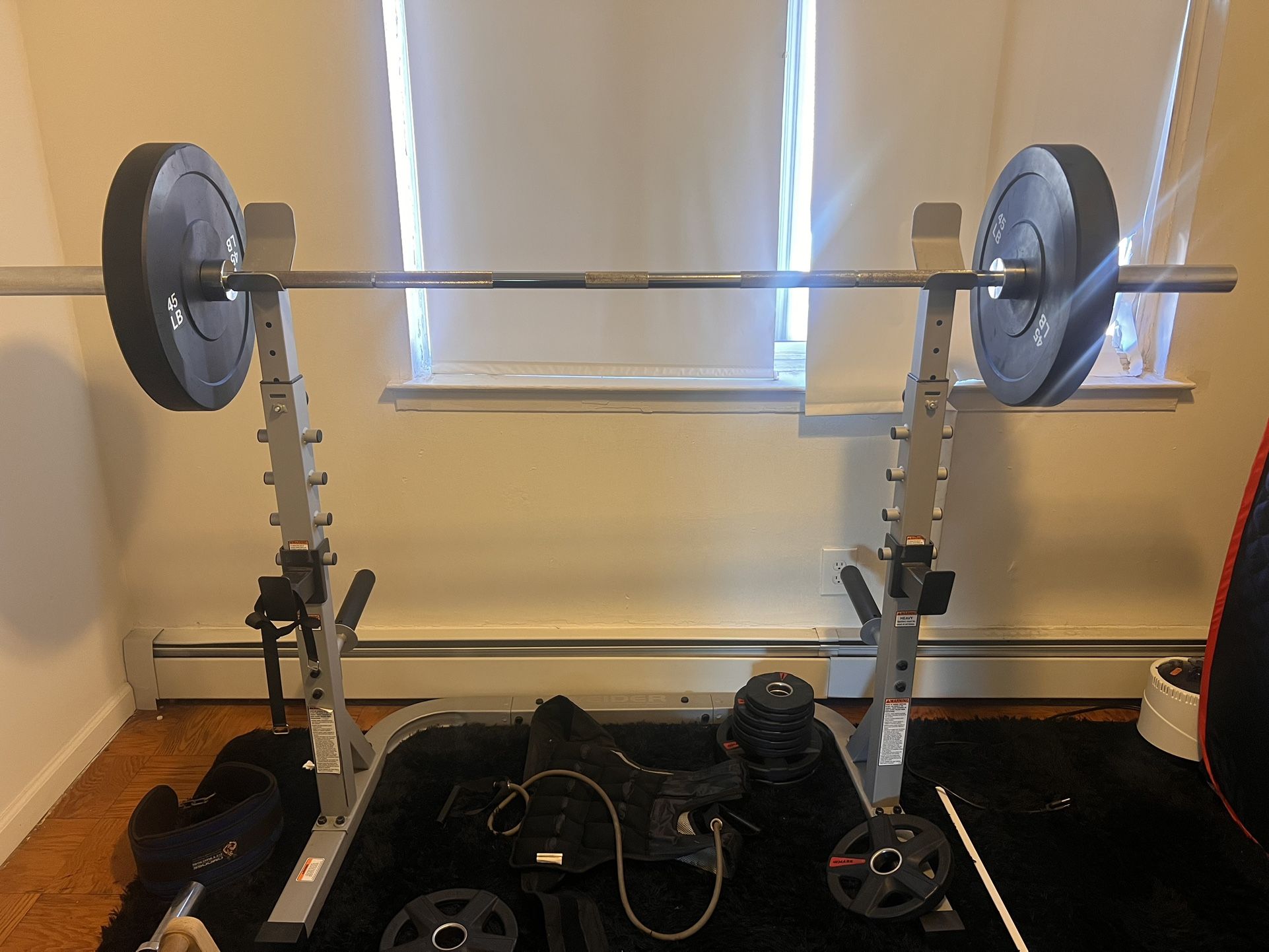 Squat rack , barbell and two 45 pound weight plates