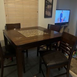 5 Piece Cherry Wood, Glass & Leather Table & Chair Set