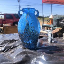 VINTAGE GLASS VASE BLUE WITH COPPER GLOW