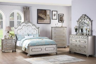 Brand new silver king bedframe + dresser + mirror + nightstand + chest 5PCs set