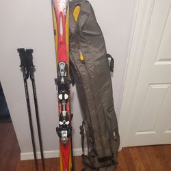 ski set with pole in bag
