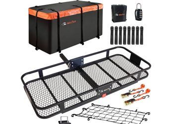 Hitch Mount Cargo Carrier Basket 60"*25"*6"+Waterproof Bag 25 Cubic Feet(60"*24"*31"),And Cargo Net With Attachment Hooks,Ratchet Straps,Hitch Stabili