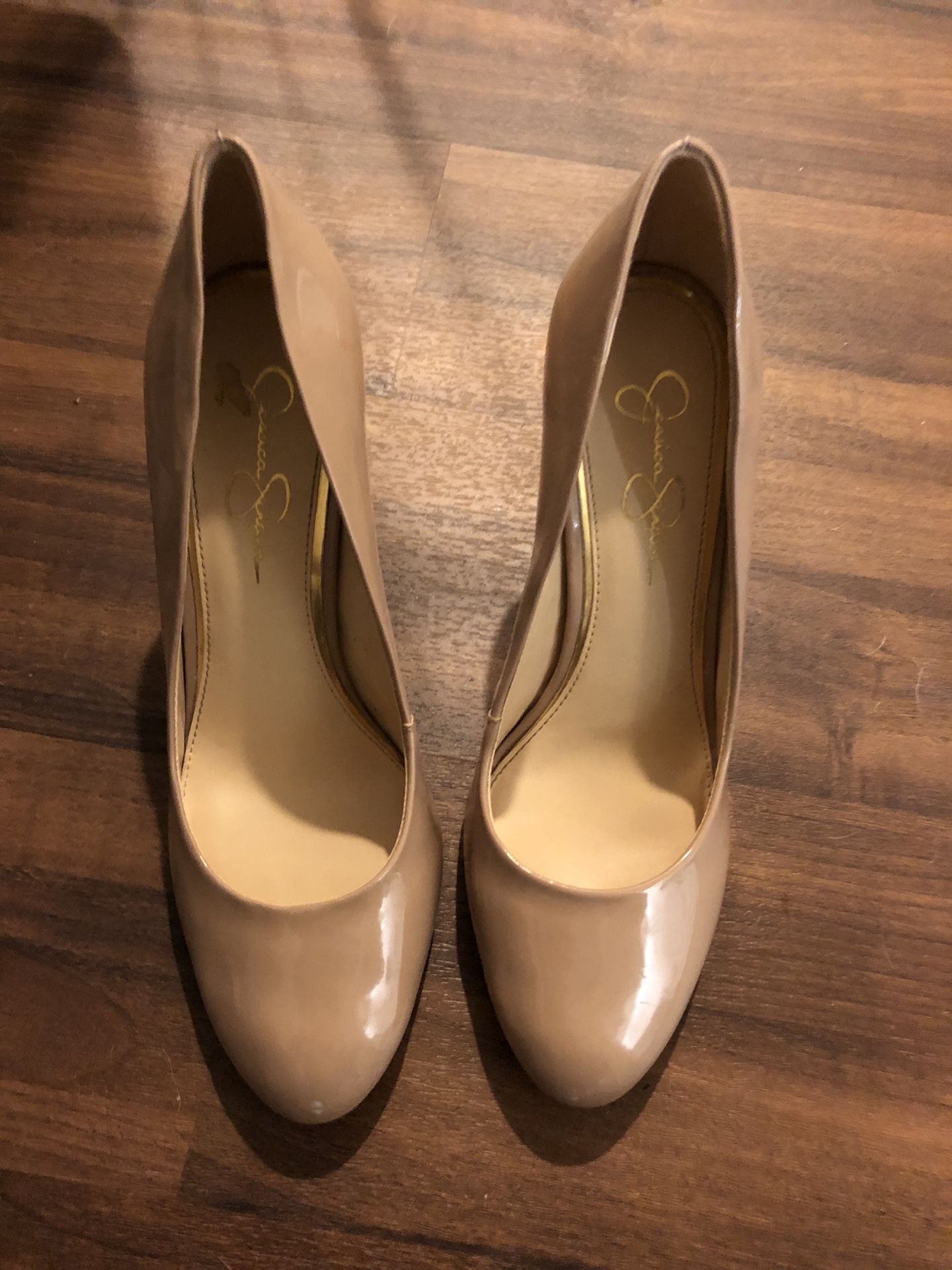 Nude patent leather heels