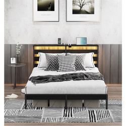 Brand New In The Box - Queen Size Metal Platform Bed Frame with LED Headboard & Storage Shelf, Modern Black Metal Bed with USB Charging, No Box Spring