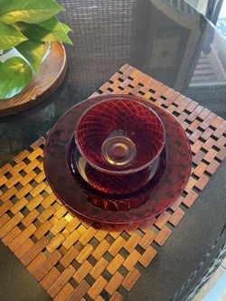 Beautiful red World Market plates and bowls set