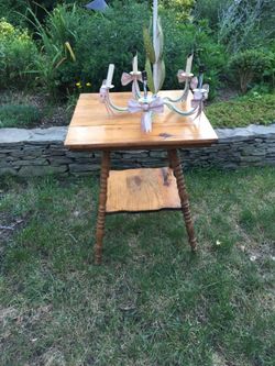 Antique two tier table and hand painted chandelier