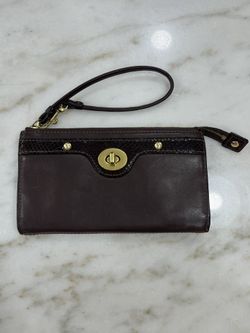 COACH Leather Wallet Wristlet #45647 Zippy Penelope Brown Embossed Python & Turn Lock