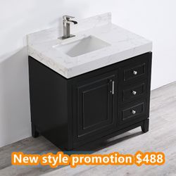 36-in black single sink bathroom vanity with white engineered stone top