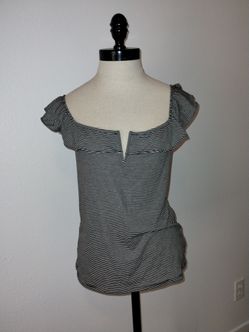Aeropostale Juniors Black & White Striped Ruffle Sleeve Blouse Size Large