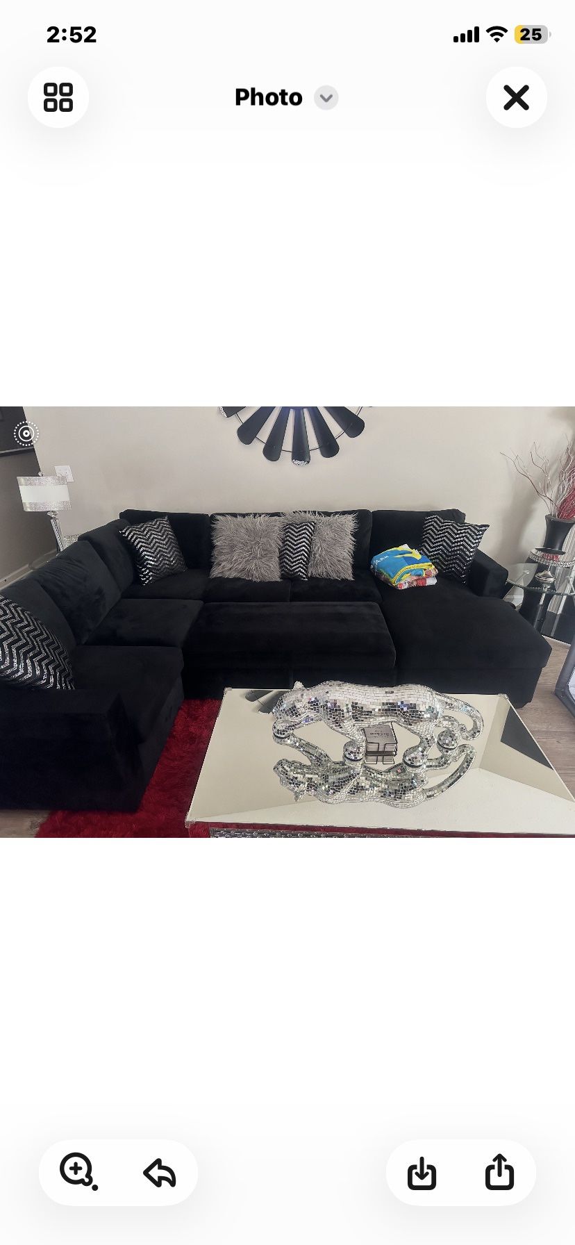 Black velvet Sectional + Pillows + Mirror Coffee Table (Bundle option)