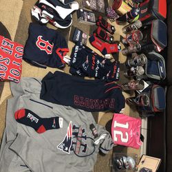 All brand new Patriots gear, Everything from pajamas, a Wallet, socks, jewelry, picture frame, jerseys, hoodies, sweatpants, tumblers and yetis More