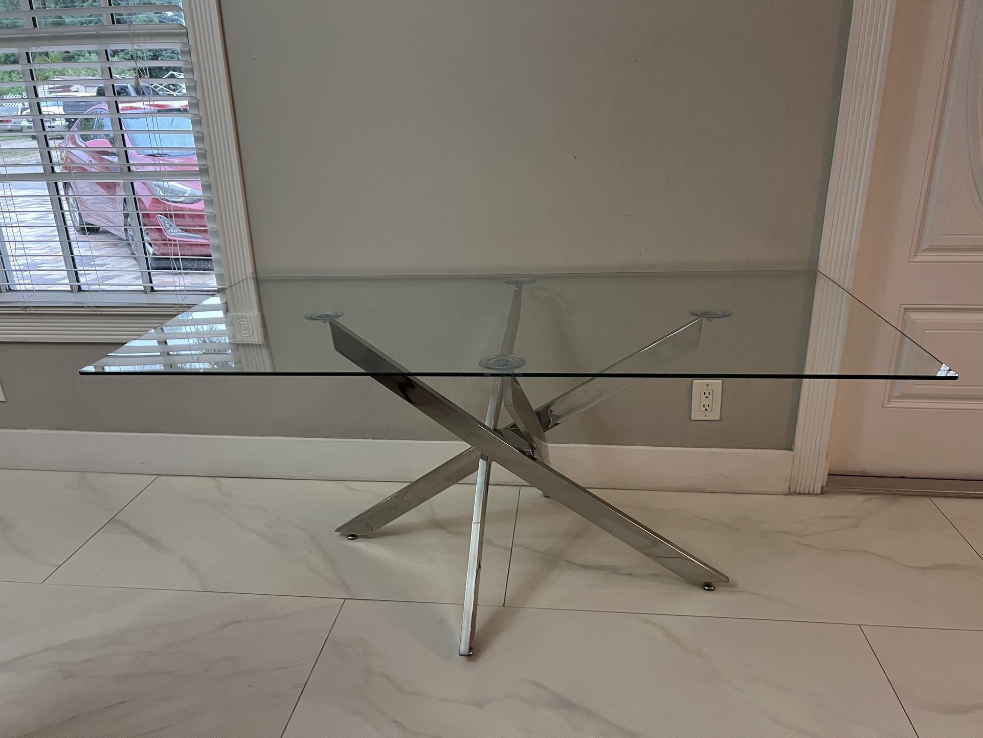 Modern 63" Pedestal Glass Dinning Table with Metal Base for 6 to 8 People