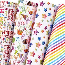 Birthday Wrapping Paper 12 Sheets Folded Flat Includes Happy Birthday, Star, Rainbow, Cake 20x29 Inch