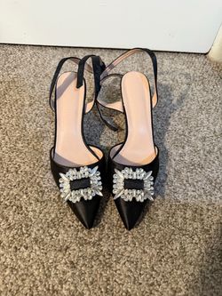 Black Satin Pointed Toe Slingback Heels with Crystal Buckle, US 8.5 (Size 39)