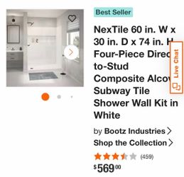 NexTile 60 in. W x 30 in. D x 74 in. H Four-Piece direct- to- stud Subway Tile Shower Wall Kit in White