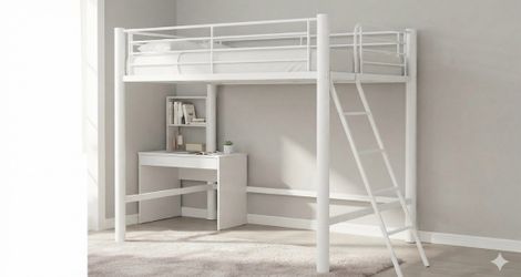 Brand New White Metal Loft Bed Frame (Queen Size)