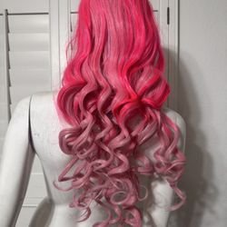 New long hot pink rave festival wig hair