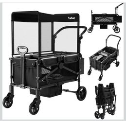 Wagon Stroller for 2 Kids - Double Seater Push Stroller with Canopy | Collapsible Foldable Wagon for Kids Toddlers & Infants with Removable Seat Pads 
