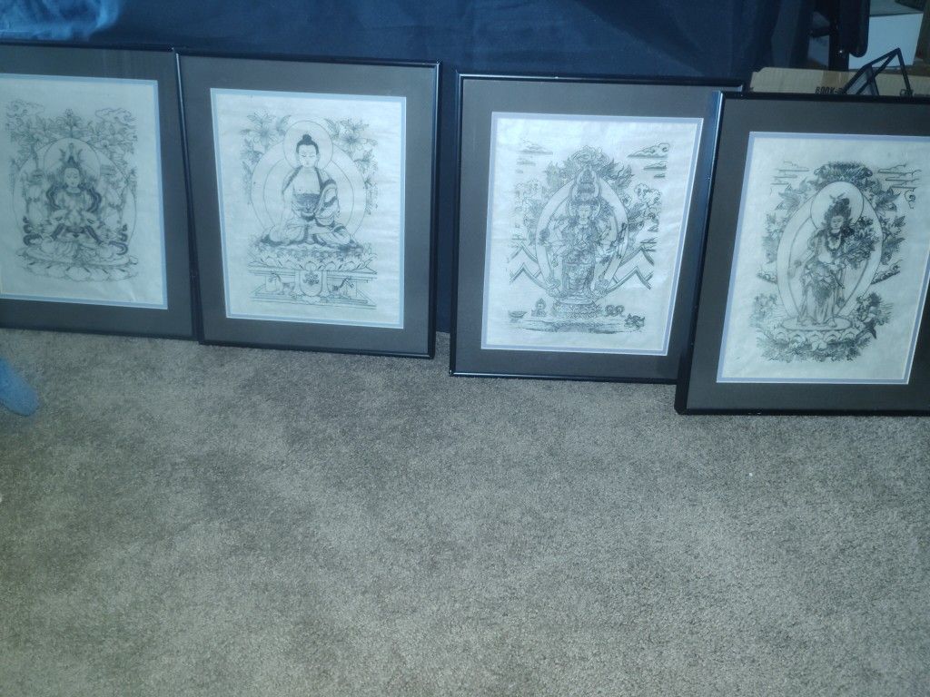 Buddhist Deities / Rice Paper Prints Framed 17" ×14" Set Of 4