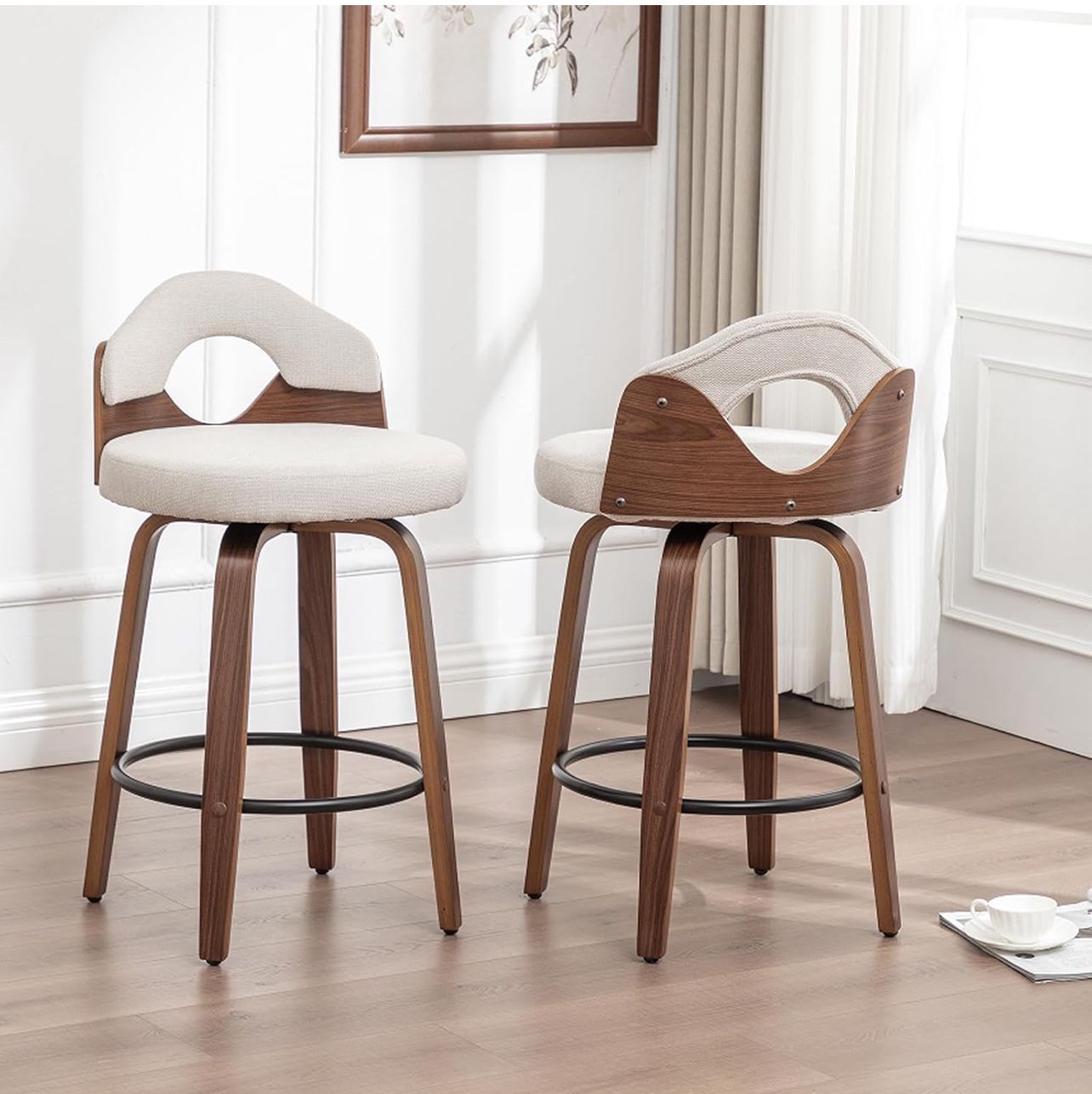 26" Swivel Bar Stools Set of 2,Mid Century Modern Faux Leather Barstools,Counter Height Bar Chairs with Low Back for Kitchen Island Counter Stool