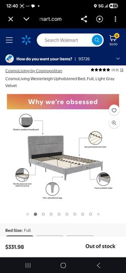 CosmoLiving Westerleigh Upholstered Bed, Full, Light Gray Velvet