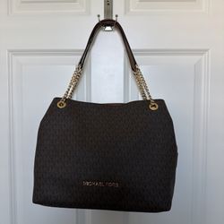 MK Michael Kors Brown Signature Leather Shoulder Bag Purse Gold Chain Link Strap