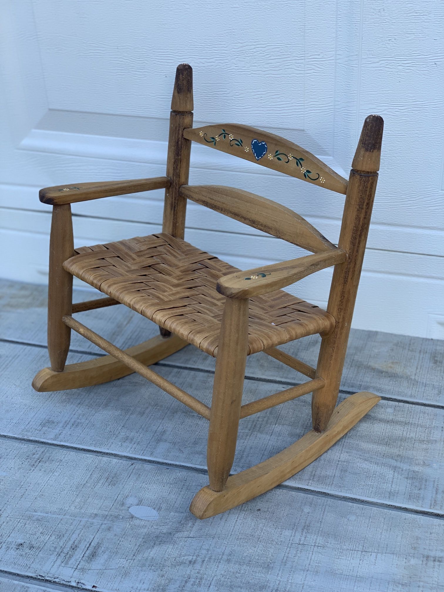 Vintage Doll/Child’s Wooden Rocking Chair Hand-Painted Heart Woven Seat Rustic