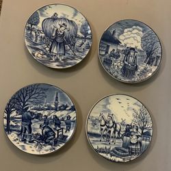 Blue&White Hand Painted 4 Seasons Plates Wall Hanging made in Japan