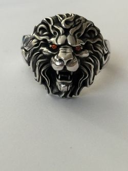 925 Silver lion ring with red cz stones eyes size 12