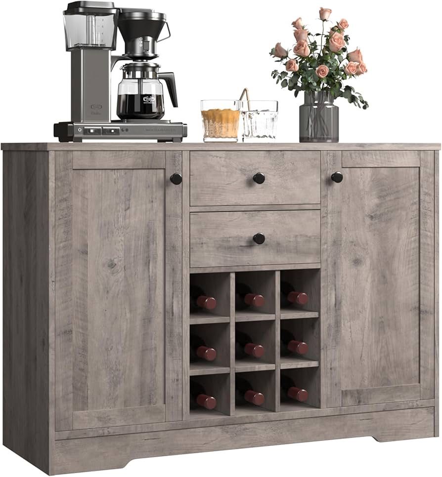 Coffee Bar Cabinet, Kitchen Buffet Storage Cabinet with Storage, 43.3’ Buffet Sideboard Bar Cabinet with Drawers, Adjustable Shelves and Wine Rack for