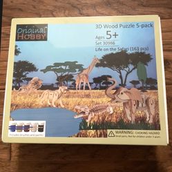 Brand new and sealed: 3-D Wood Puzzle Five Pack, Life On The Safari 163 pieces. Has never been opened it or used it so this can be a great gift for so