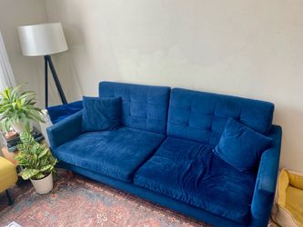 Blue Velvet Tufted Mid-Century Sofa