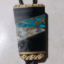 Vintage Navajo Turquoise And Onyx Mosaic Bolo Tie Designer Is Sst  $25.00 