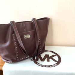 Michael Kors Astor Brown Leather Studded Tote Shoulder Handbag!