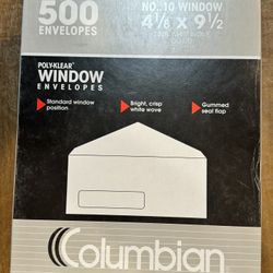 Columbian # 10 Poly-klear Window Paper Envelope 4.1/8” x 9.1/2” White Wove New.