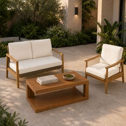 3 Pc. Acacia Wood Outdoor Patio Set - 48" Loveseat Sofa  +  Single Chair w/ Beige Cushions + Table [NEW]  **Retails For $1000  <Some Assembly Req>