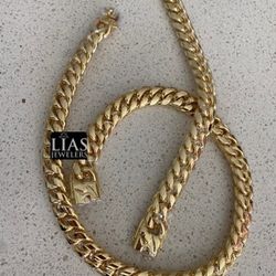New 18k Yellow Gold Filled Cuban Link Chain And Bracelet 