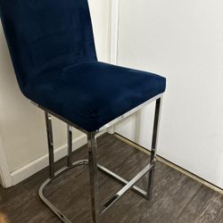 Blue Velvet Upholstered Stools With Chrome Finish
